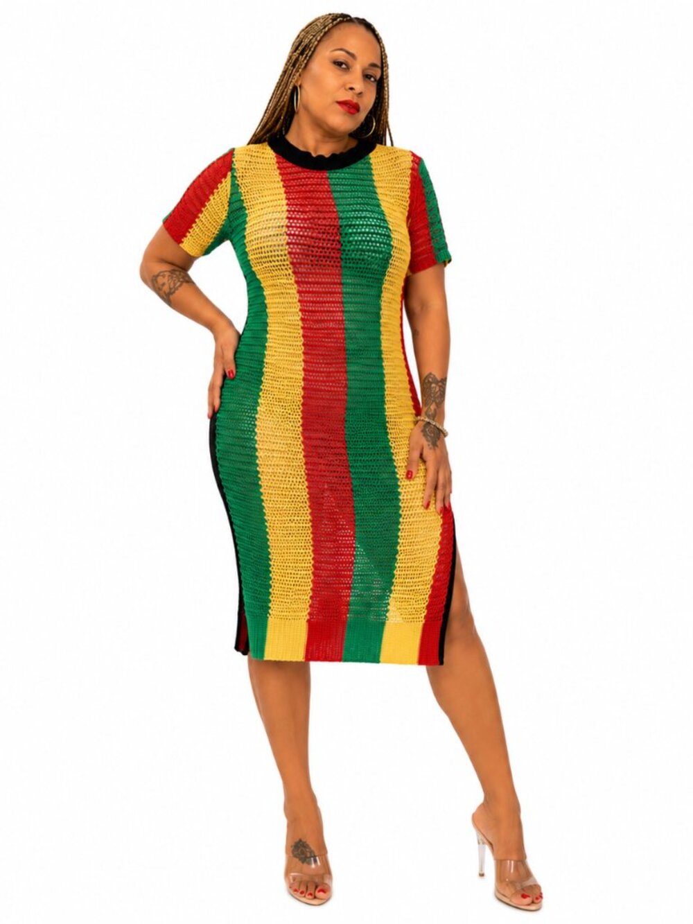 Women’s Rasta Stripe Crochet Knit Midi Dress One Size Fit All Bodycon Dress